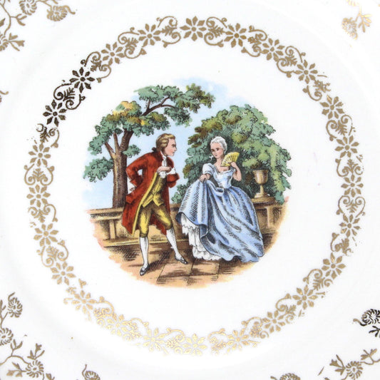 Dessert / Salad Plates, Harker Pottery, Victorian Courting Couple Fragonard, Filigree, Set of 4, Vintage
