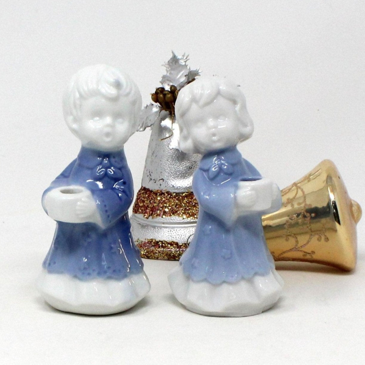 Vintage Figural Candle Holders, Christmas Carolers, Mini Taper Holders, Blue & White Porcelain, Holiday Home Decor, Boy & Girl Figurines, Mid Century.
