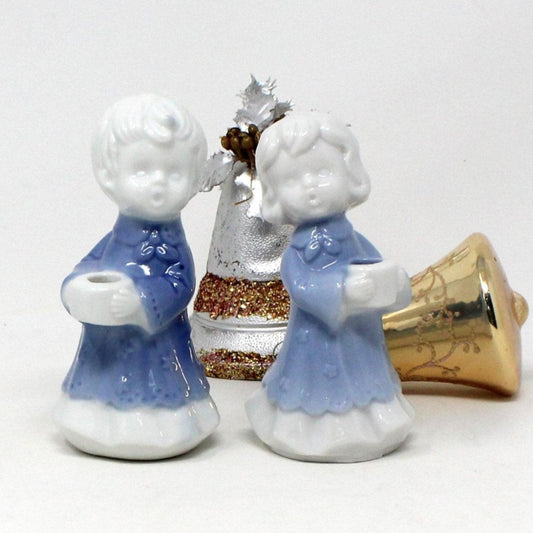Vintage Figural Candle Holders, Christmas Carolers, Mini Taper Holders, Blue & White Porcelain, Holiday Home Decor, Boy & Girl Figurines, Mid Century.