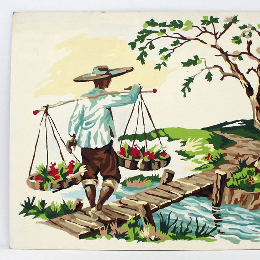 Paint by Number, Oriental Flower Carrier Oil Painting, Craft Master 16 x 12, Vintage, Mid Century