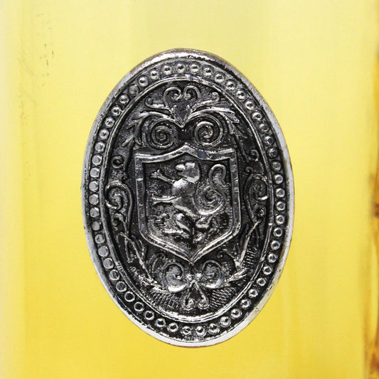 Beer Mug, Two Finger / Knuckle Handle Design, Amber Glass Wolf Shield Crest, Vintage