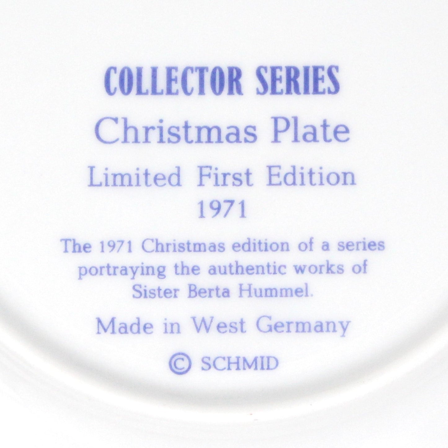Decorative Plate, Schmid Brothers, Christmas Plate Hummel 1971, Collector Series, in Box, Vintage