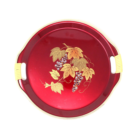 Tray, Lacquerware Grape Vine Round Tray with Handles, Burgundy and Gold, Vintage Japan