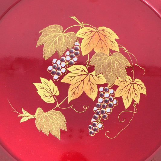 Tray, Lacquerware Grape Vine Round Tray with Handles, Burgundy and Gold, Vintage Japan