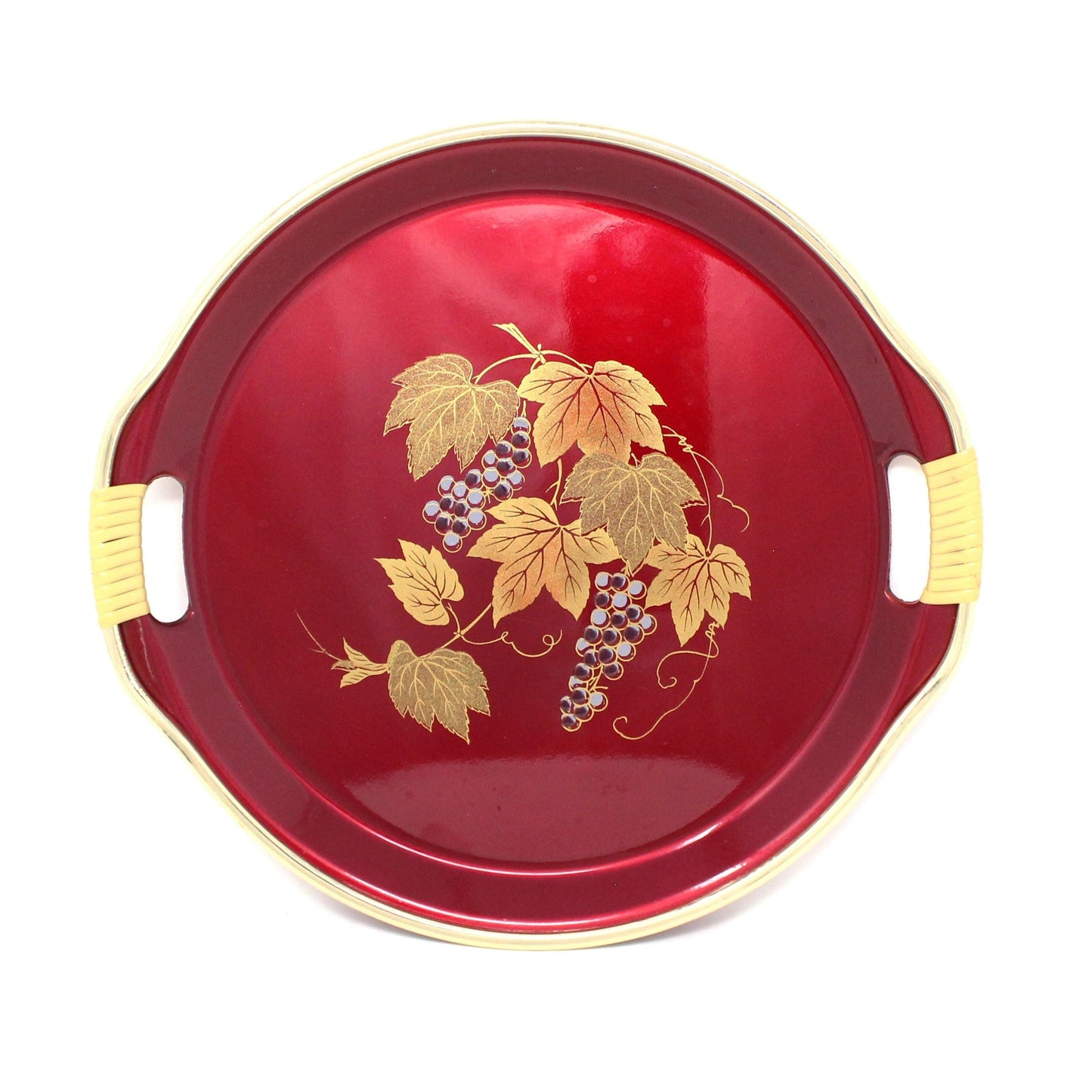Tray, Lacquerware Grape Vine Round Tray with Handles, Burgundy and Gold, Vintage Japan