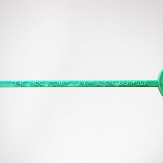 Vintage swizzle stick from The Hog Penny in Bermuda. 1960's featuring a Hogge Money, Bermuda's first currency.