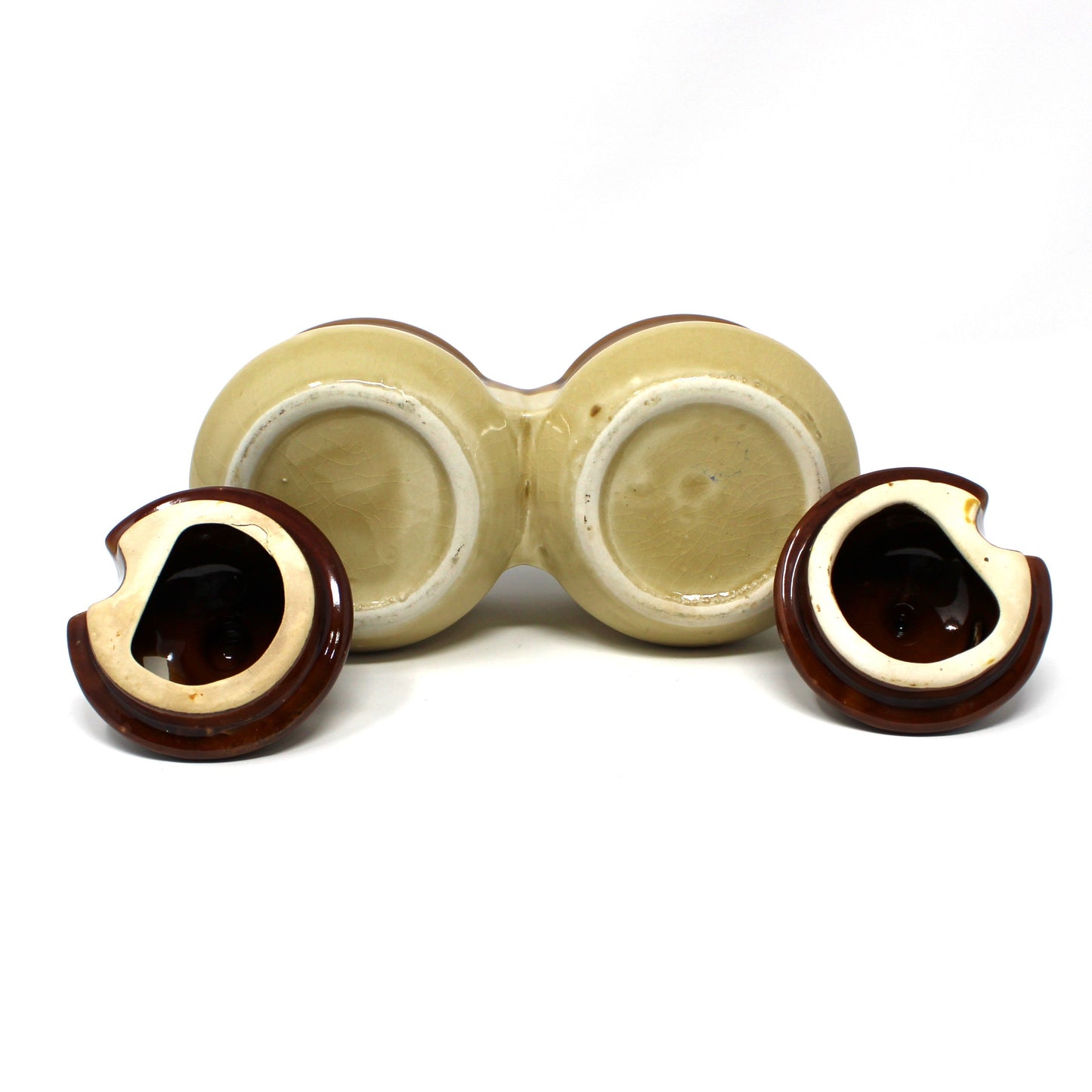 Condiment Set, Double Crocks with Lids & Spoons, Two-Tone Brown Glazed Stoneware, Vintage 1970s