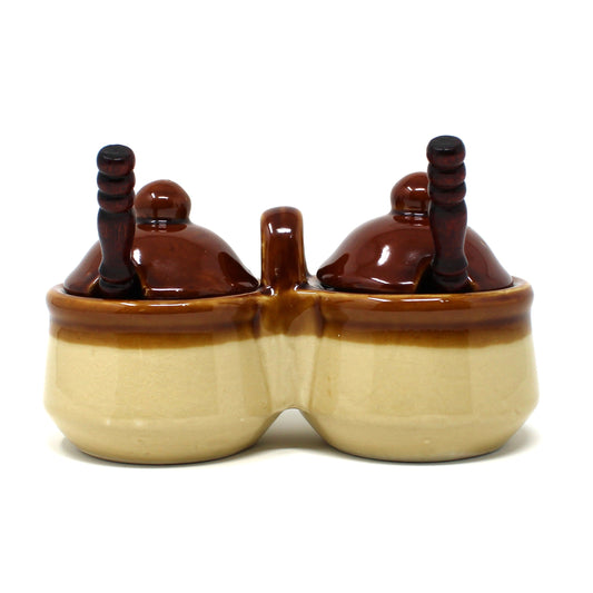 Condiment Set, Double Crocks with Lids & Spoons, Two-Tone Brown Glazed Stoneware, Vintage 1970s