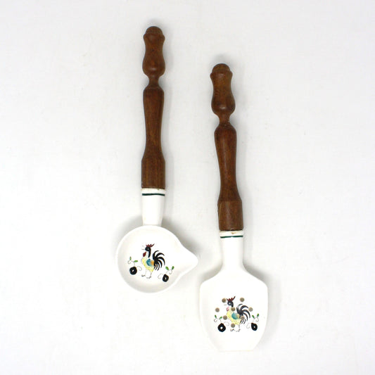 Spoon & Ladle / Separator Set, Kitchen Utensil Set Painted Rooster, Ceramic with Wood Handle, Vintage