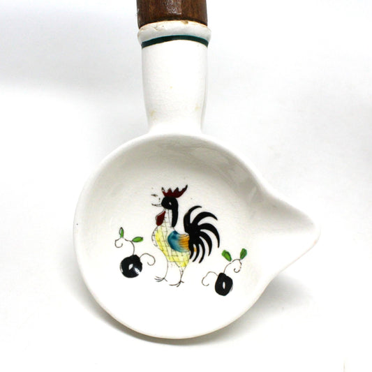 Spoon & Ladle / Separator Set, Kitchen Utensil Set Painted Rooster, Ceramic with Wood Handle, Vintage