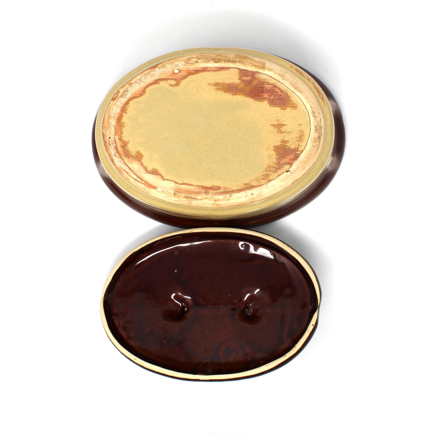 Casserole with Lid, Two-Tone Brown Glazed Stoneware, 1 QT Oval, Vintage 1970s