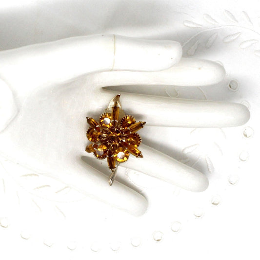 Brooch / Pin, Stemmed Flower Brooch, Amber / Topaz Navette Rhinestones, Art Deco, 3 Dimensional, Gold Tone, Vintage