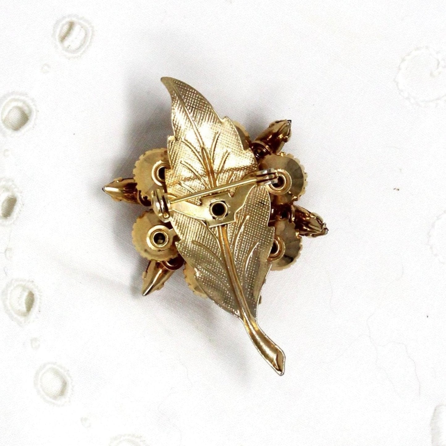 Brooch / Pin, Stemmed Flower Brooch, Amber / Topaz Navette Rhinestones, Art Deco, 3 Dimensional, Gold Tone, Vintage