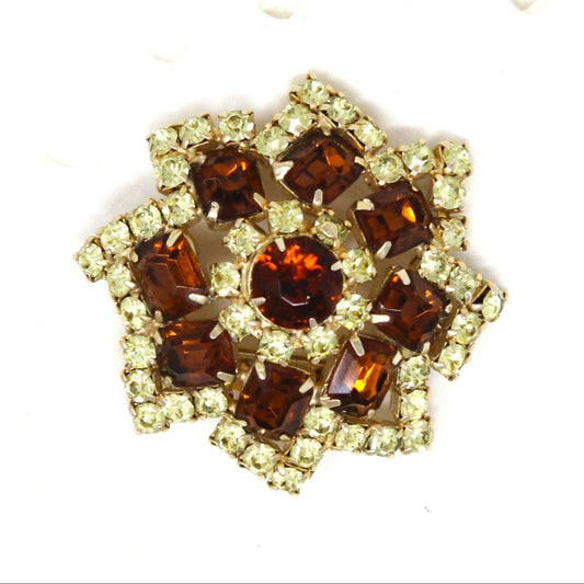 Vintage Statement Brooch, Large Amber / Topaz and Citrine Rhinestones, Faceted Tiered, Domed, Prong Set, Elegant