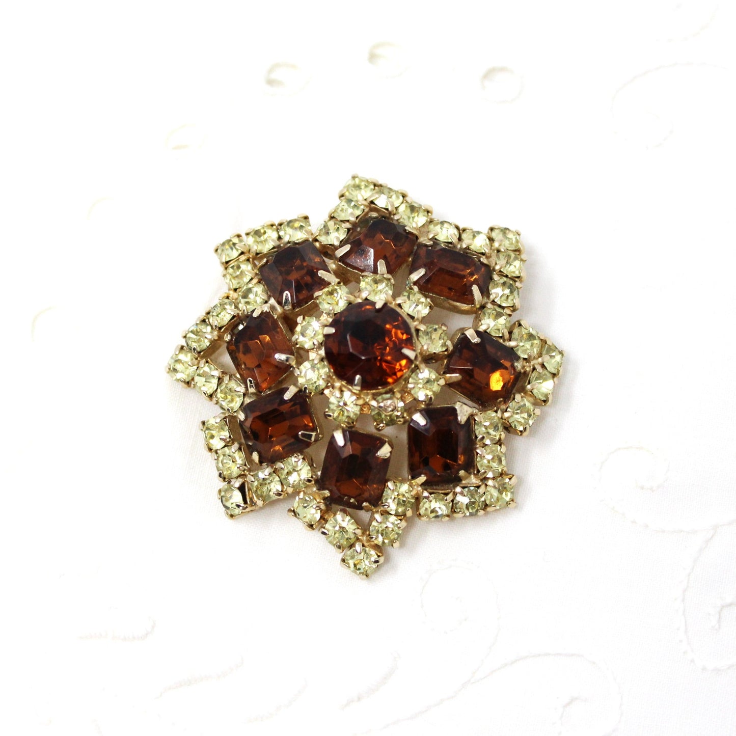 Brooch / Pin, Domed Rosette, Large Amber & Citrine Rhinestones, Prong Set, Gold Tone, Vintage