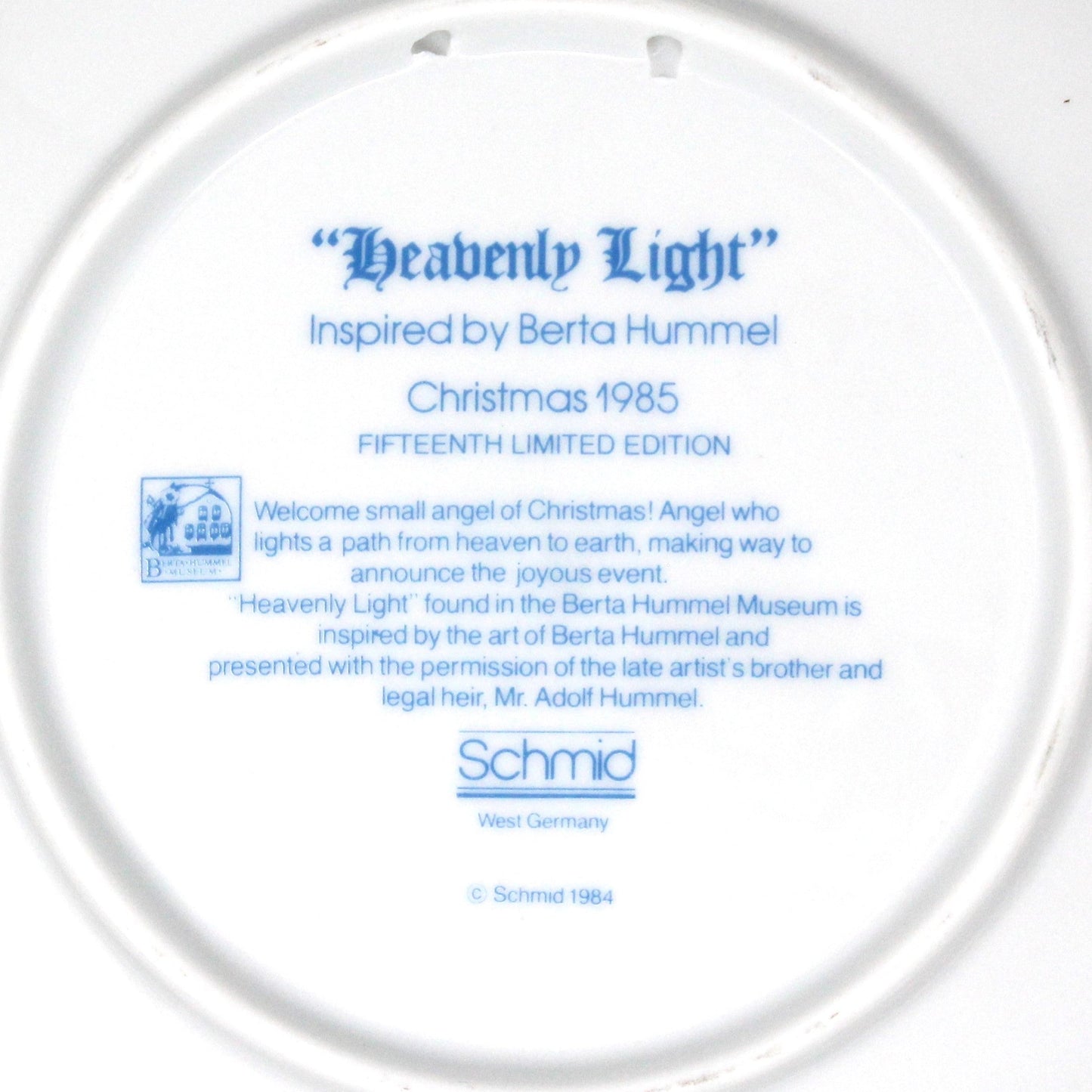 Decorative Plate, Schmid Brothers, Christmas Plate Hummel 1985, Heavenly Light, In Box, Vintage