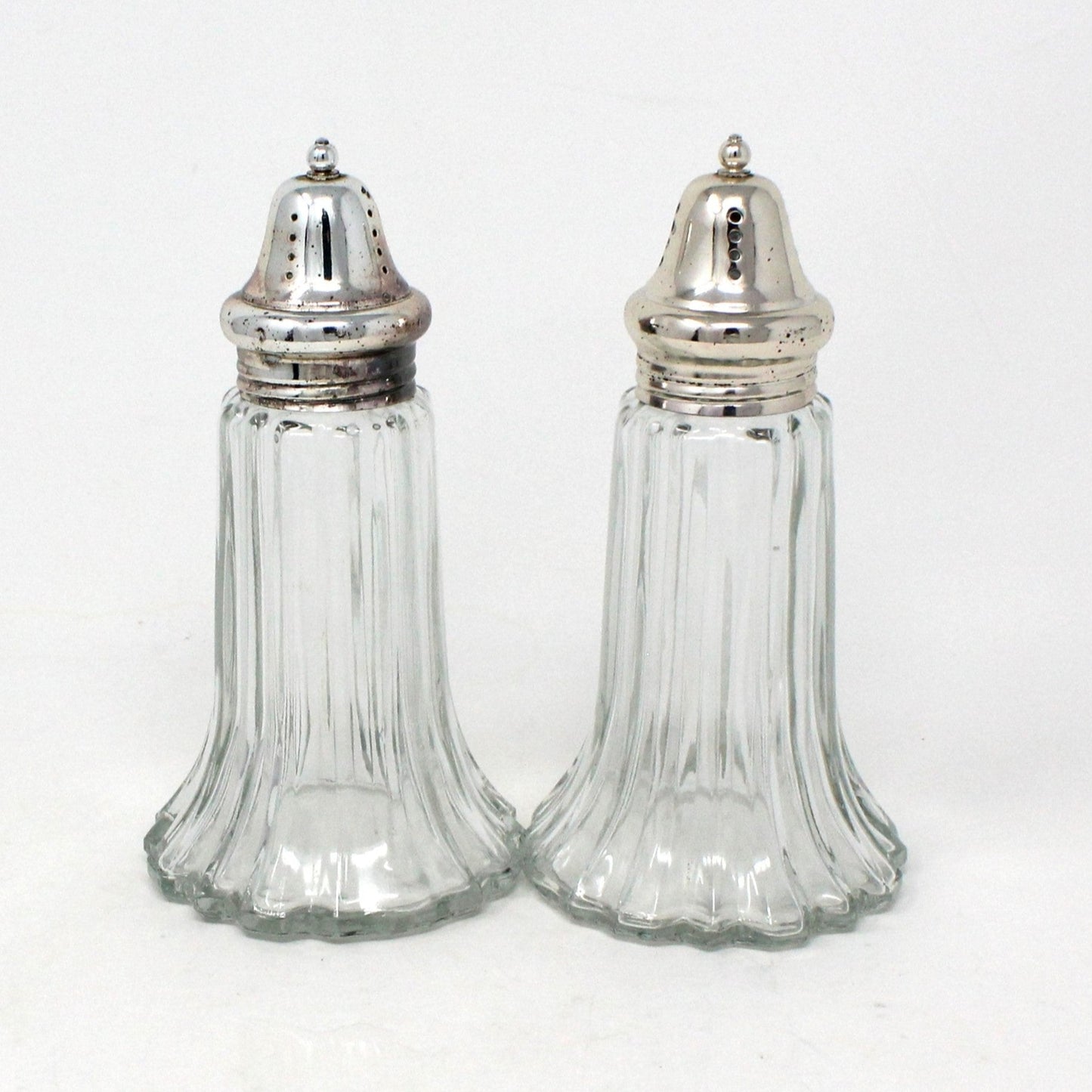 Salt and Pepper Shakers, Ribbed Fluted Glass with Silverplate Tops, Hong Kong, Vintage