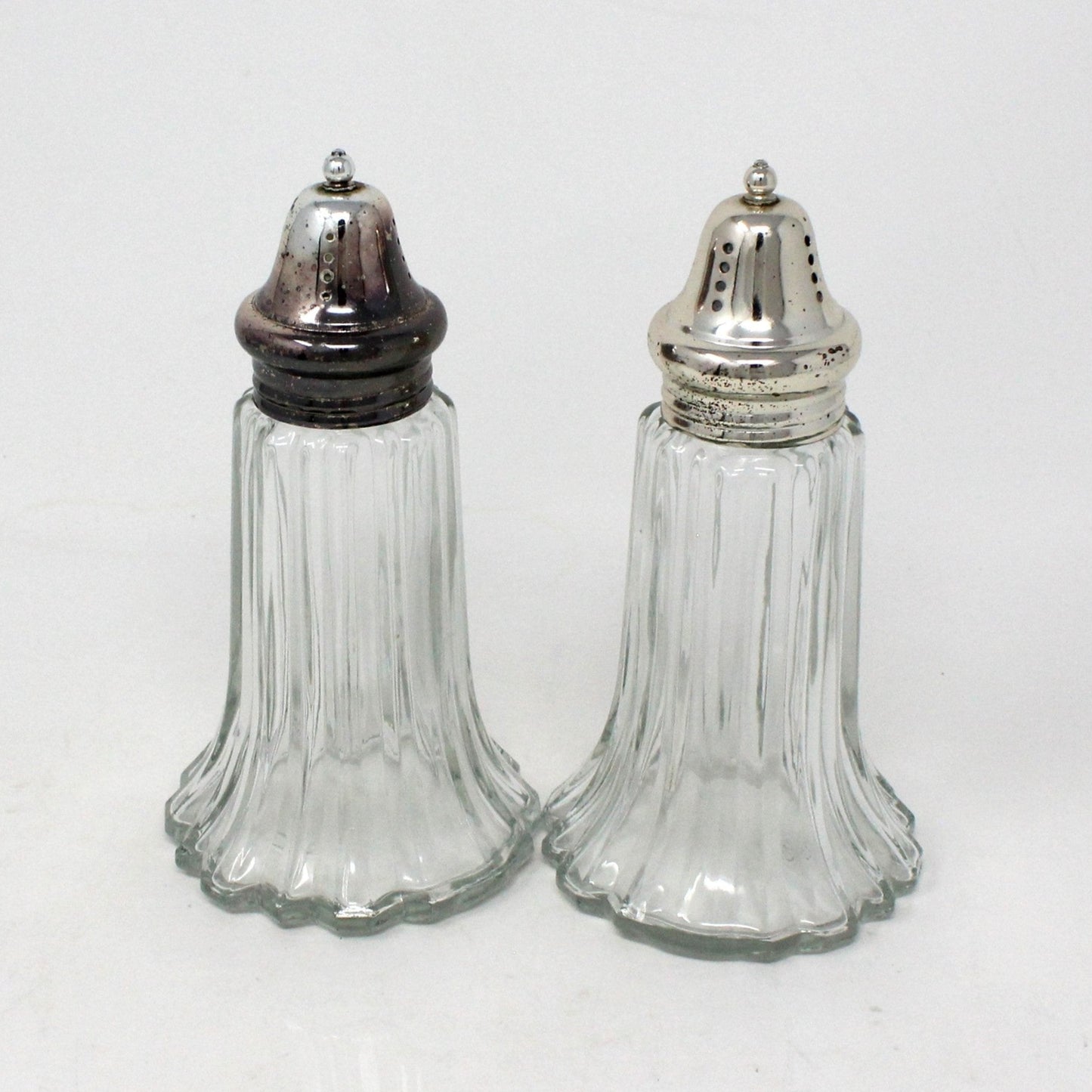 Salt and Pepper Shakers, Ribbed Fluted Glass with Silverplate Tops, Hong Kong, Vintage