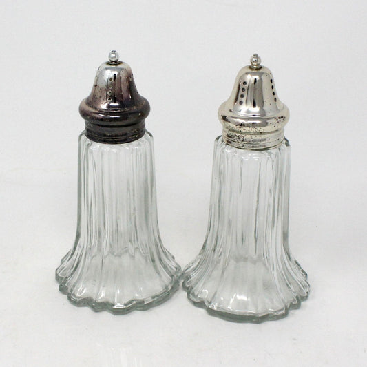 Salt and Pepper Shakers, Ribbed Fluted Glass with Silverplate Tops, Hong Kong, Vintage