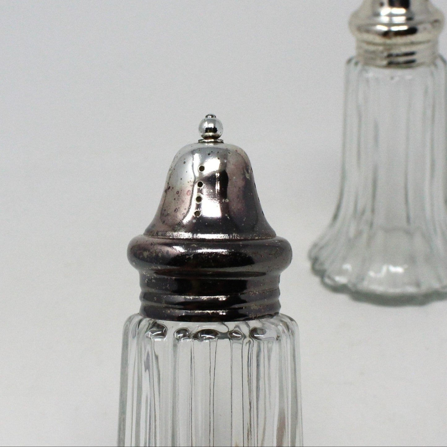 Salt and Pepper Shakers, Ribbed Fluted Glass with Silverplate Tops, Hong Kong, Vintage