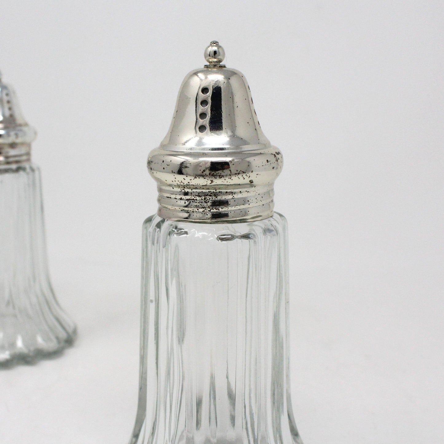 Salt and Pepper Shakers, Ribbed Fluted Glass with Silverplate Tops, Hong Kong, Vintage