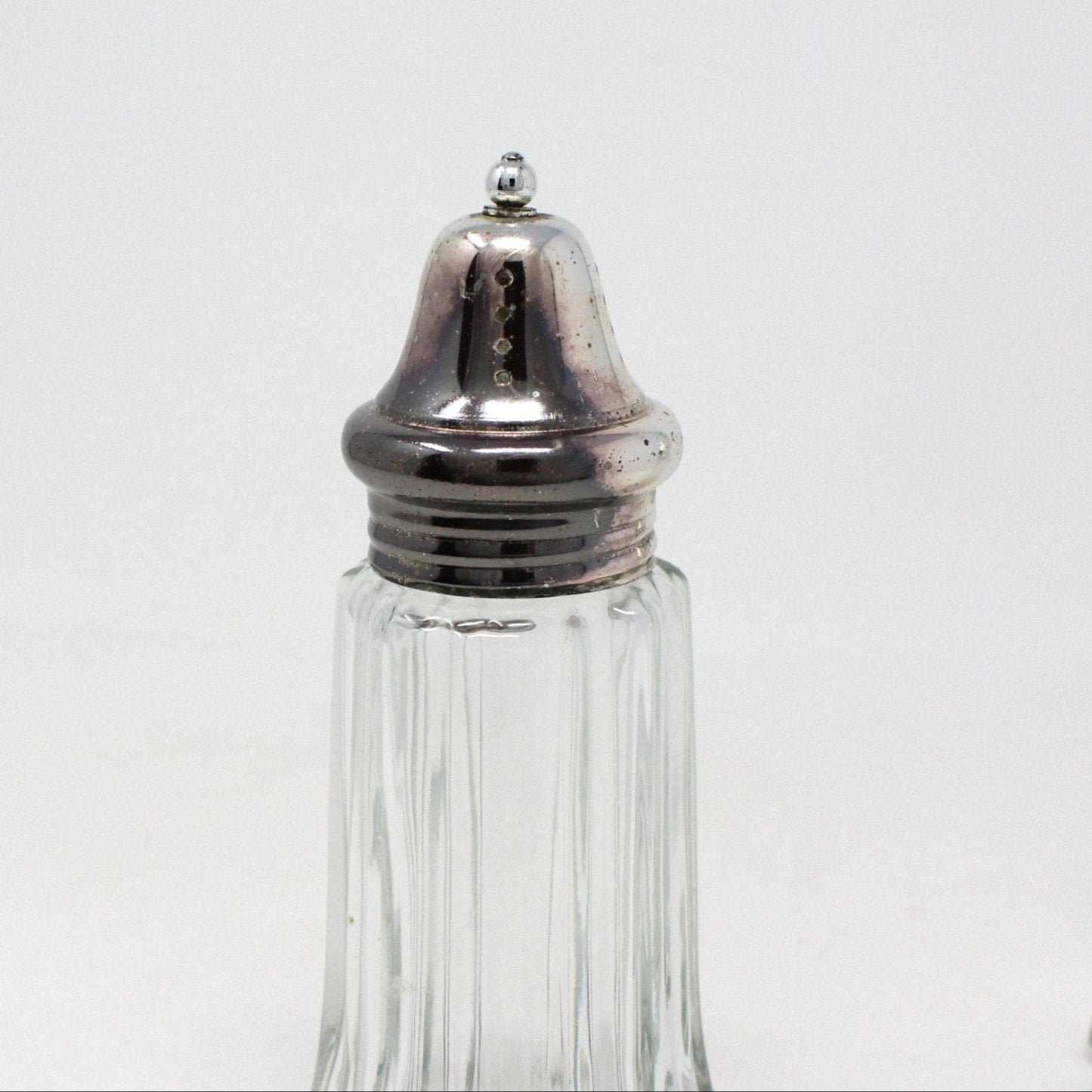 Salt and Pepper Shakers, Ribbed Fluted Glass with Silverplate Tops, Hong Kong, Vintage