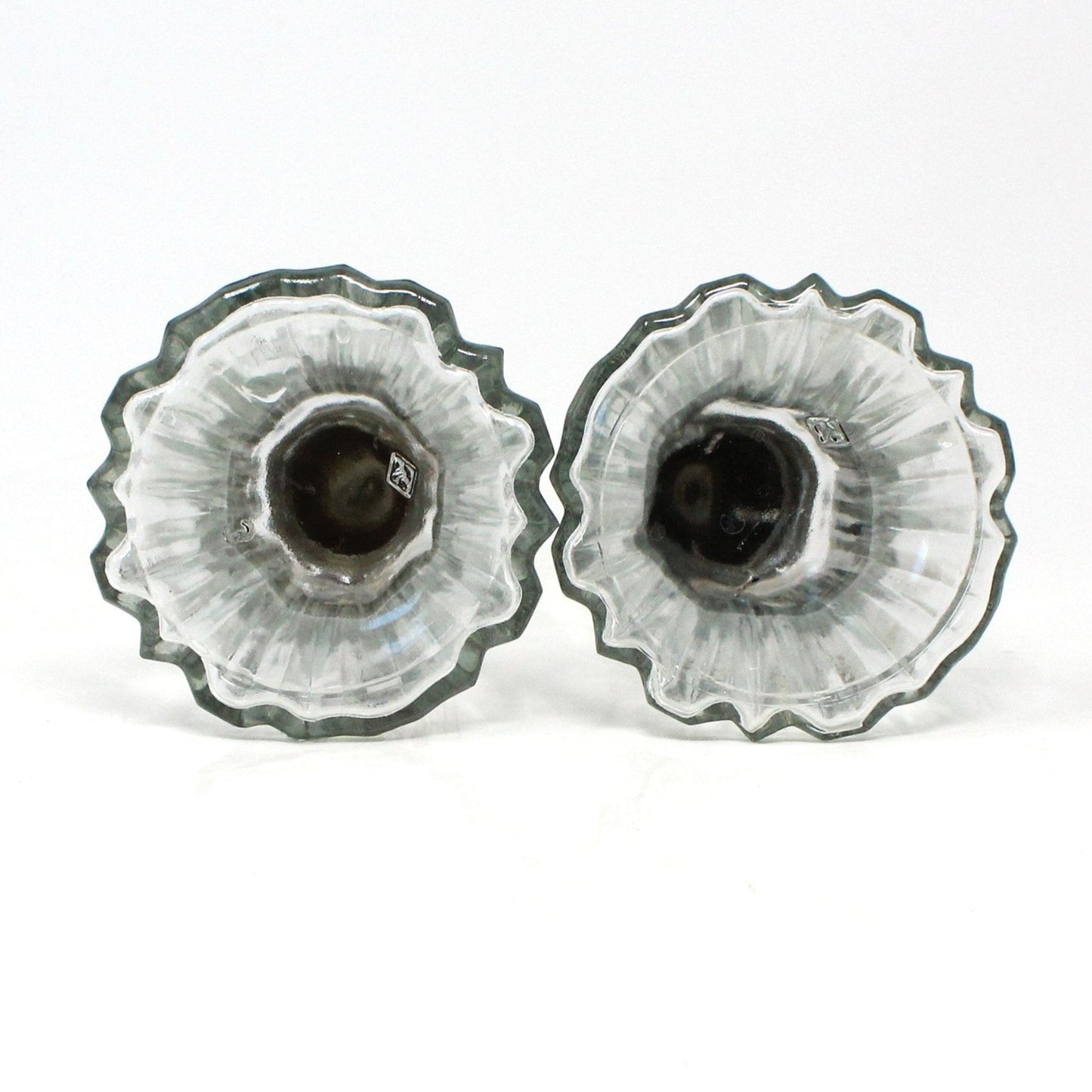 Salt and Pepper Shakers, Ribbed Fluted Glass with Silverplate Tops, Hong Kong, Vintage