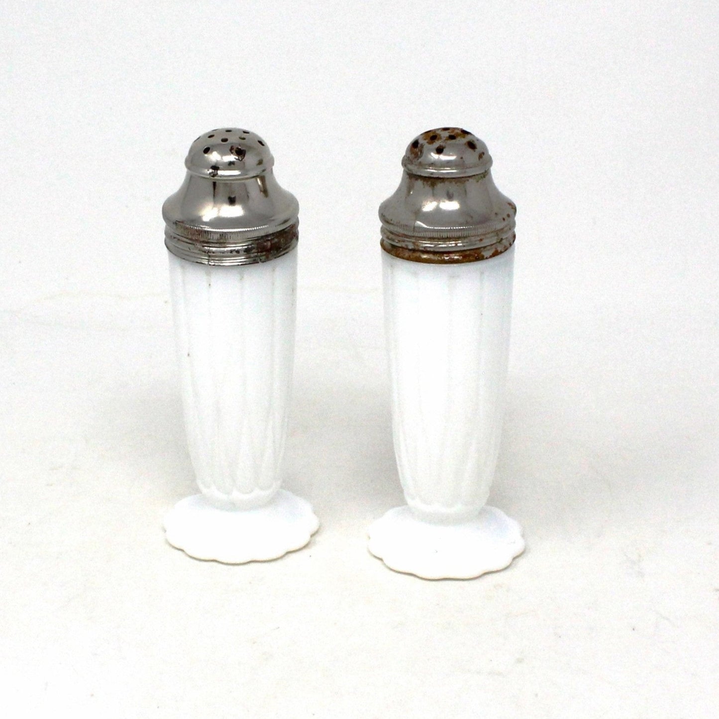 Salt and Pepper Shakers, Hazel Atlas, Newport Platonite White with Metal Lids, Milk Glass, Vintage