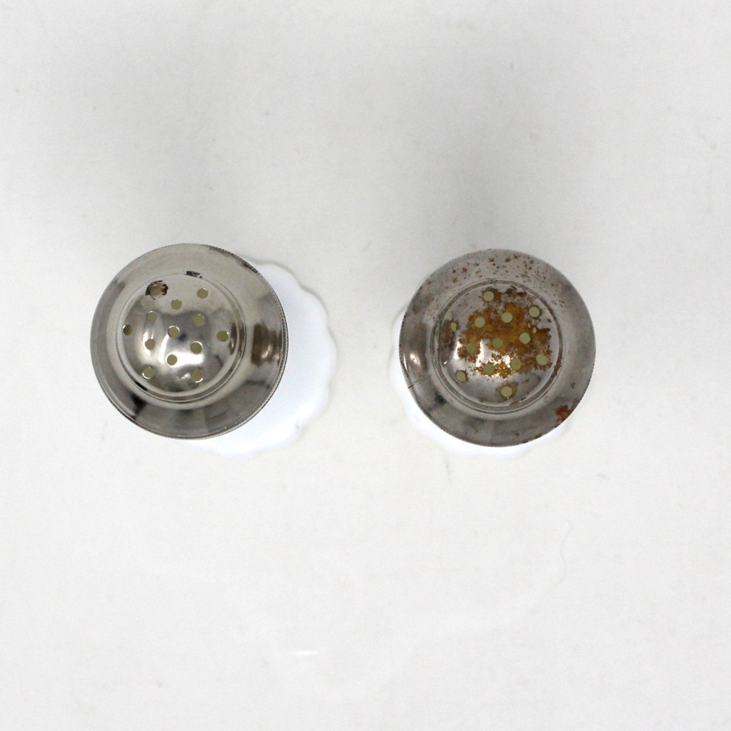 Salt and Pepper Shakers, Hazel Atlas, Newport Platonite White with Metal Lids, Milk Glass, Vintage