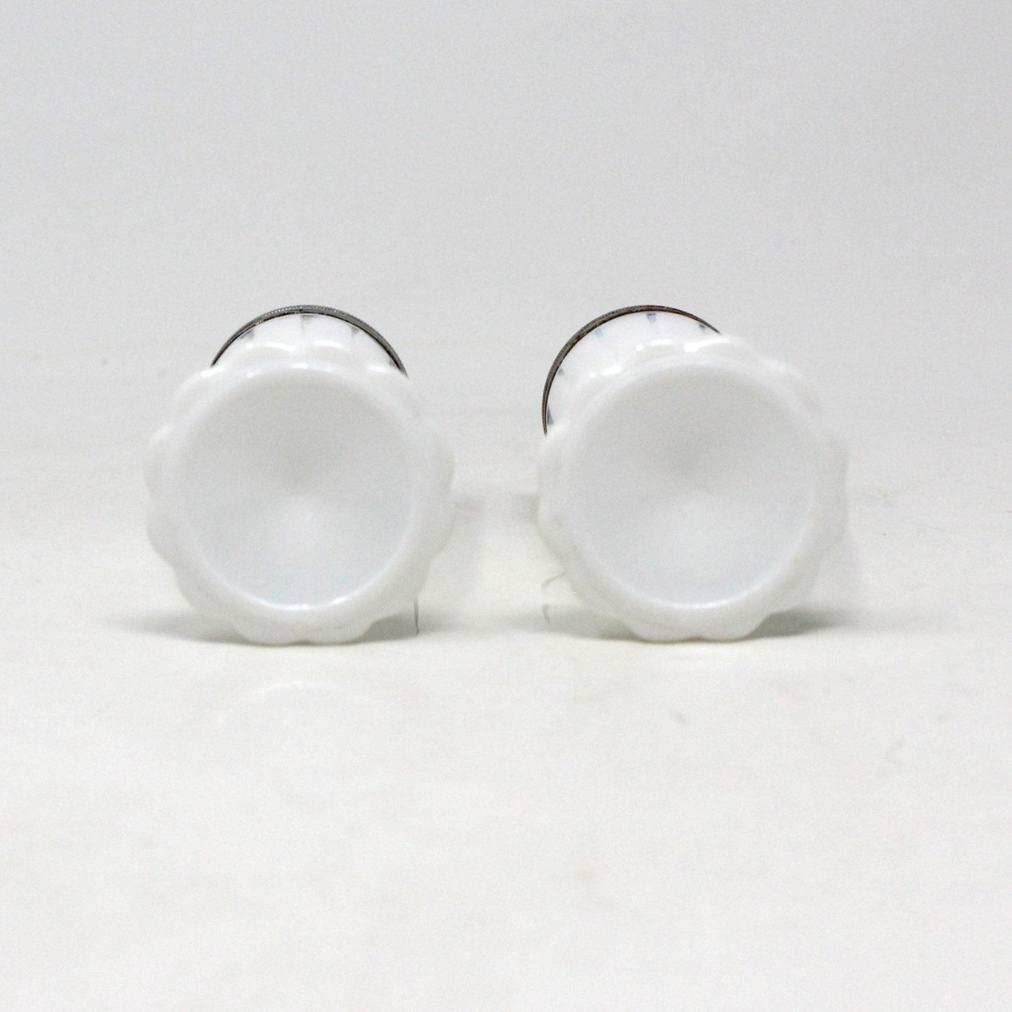 Salt and Pepper Shakers, Hazel Atlas, Newport Platonite White with Metal Lids, Milk Glass, Vintage