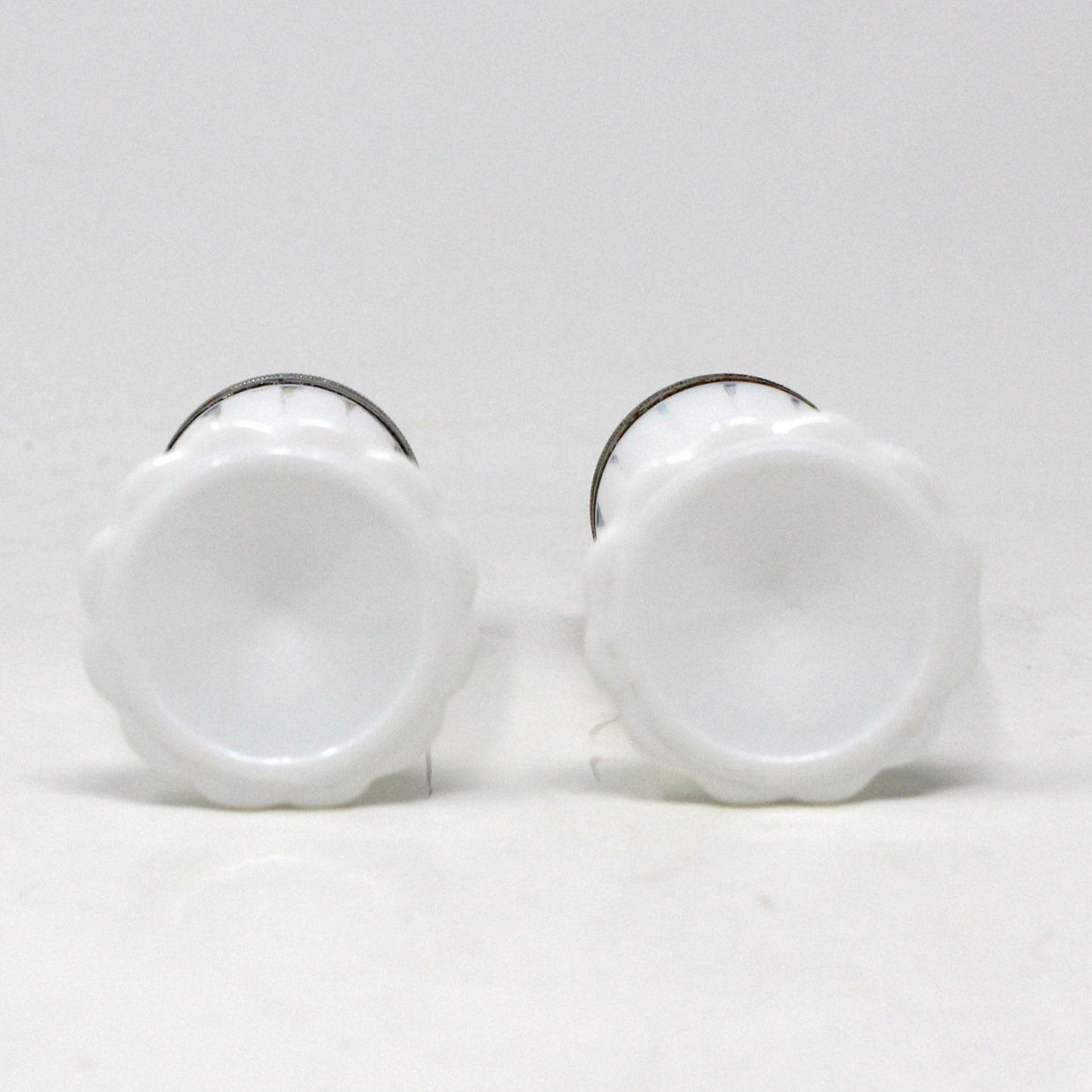 Salt and Pepper Shakers, Hazel Atlas, Newport Platonite White with Metal Lids, Milk Glass, Vintage