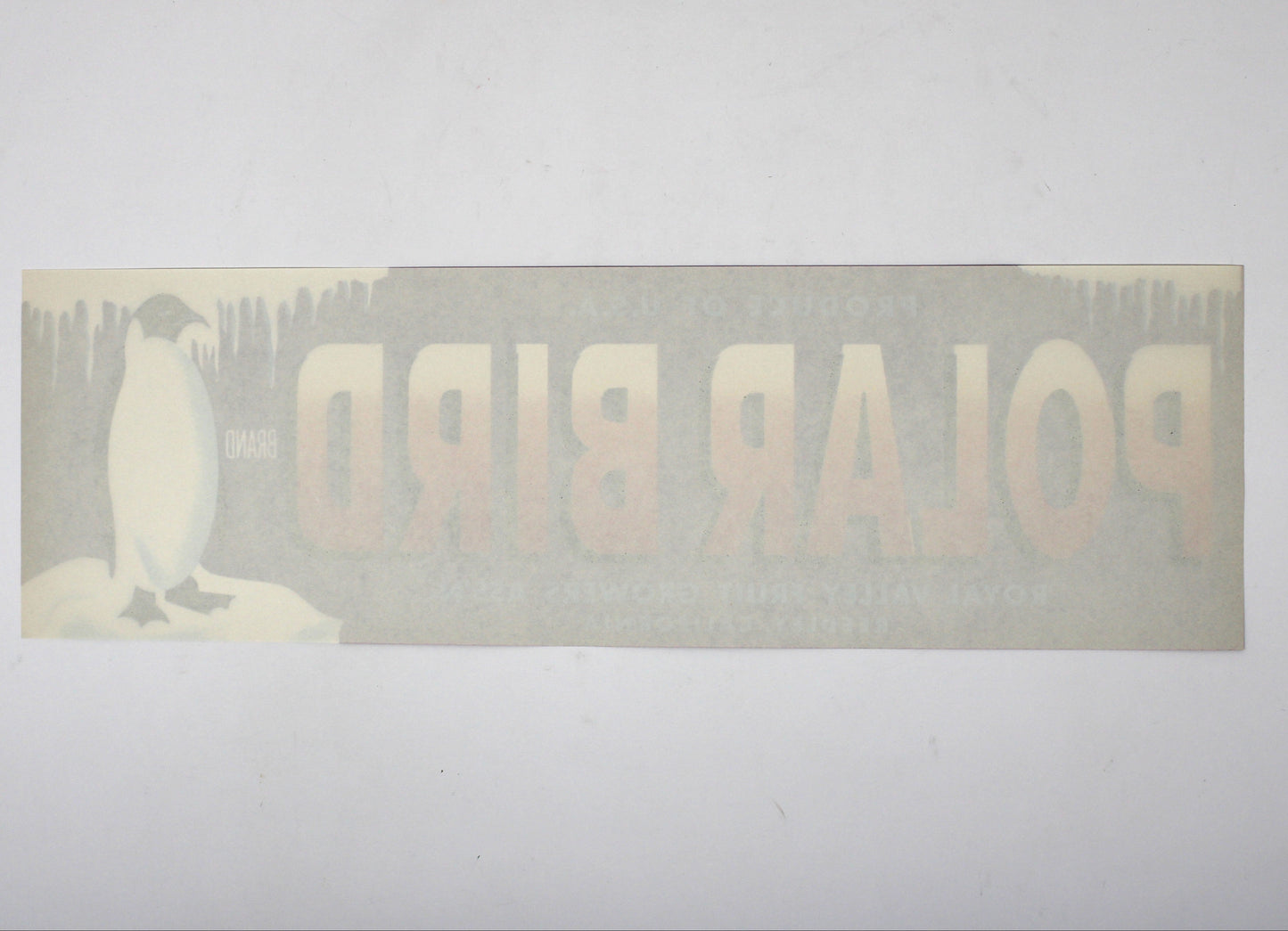 Crate Label: Polar Bird Brand, Penguin, Royal Valley Fruit Growers, Reedley California, 1950s