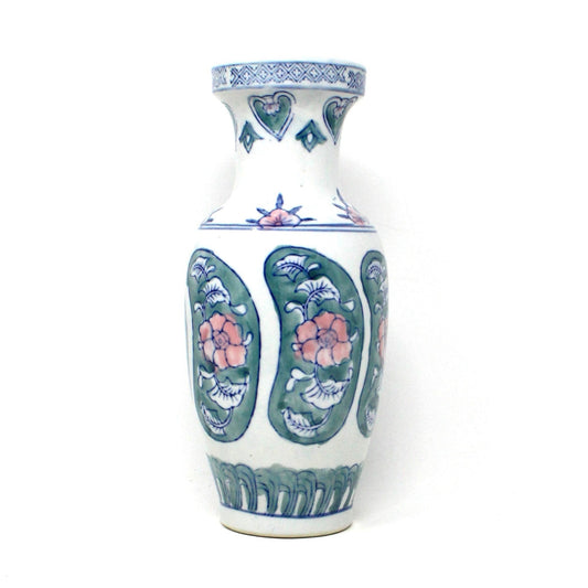 Vase, Famille Rose Fencai Porcelain, Oriental Florals, Pink, Green & Blue Chinoiserie, Vintage