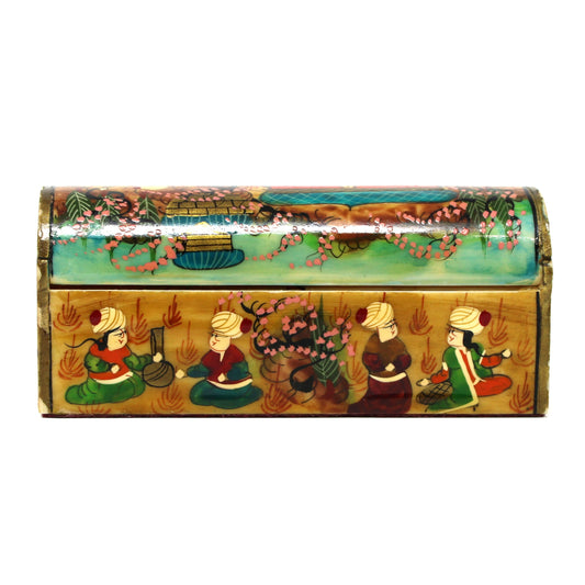 Vintage Trinket Box / Spice Chest: Persian Style Miniature, Hand-Painted featuring figures and floral motifs in green, gold, turquoise, and red tones. 1970s