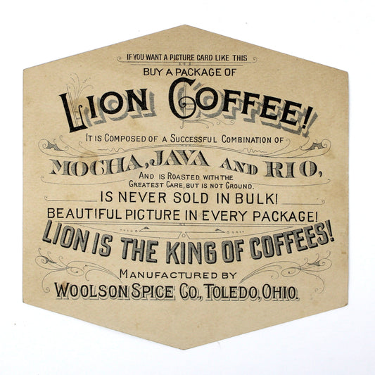 Back view of antique Trade Card: Lion Coffee, Woolson Spice Co., Antique 1880s Advertising Ephemera
