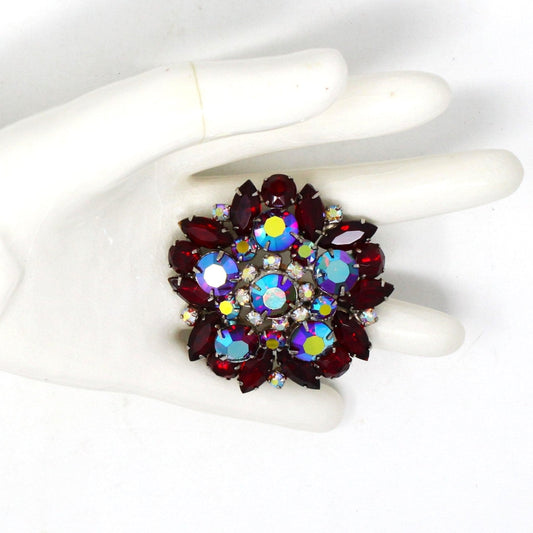 Brooch / Pin, Domed Rosette, Red Marquise Rhinestones with Faceted Aurora Borealis, Vintage