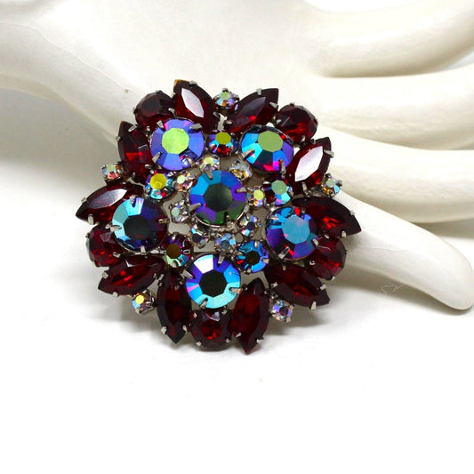 Vintage Statement Domed Large Brooch, Multi-Layered Rosette. Ruby Red Marquise / Navette Rhinestones, Faceted Aurora Borealis (AB) & Clear AB Rhinestones