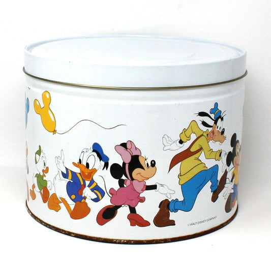Tins, Gift Tin / Popcorn Tin, Disney Characters, Mickey, Minnie, Goofy, Donald, Pluto, Vintage, Large 7.5" Tall