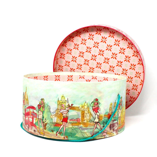 Box, Hat Box / Storage Box, London Chic Mod Girl, Pink & Turquoise Box with Rope. 14"