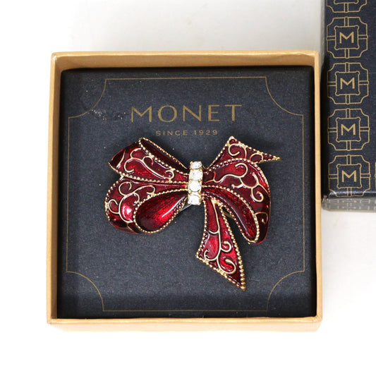Elegant Vintage Monet Brooch / Pin. Large Christmas Enamel Bow, Red with Clear Rhinestones in Original Box, Signed Monet, Christmas Holiday Jewelry