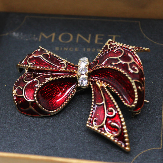 Brooch / Pin, Monet, Red Enamel Bow with Rhinestones, Original Box, Vintage