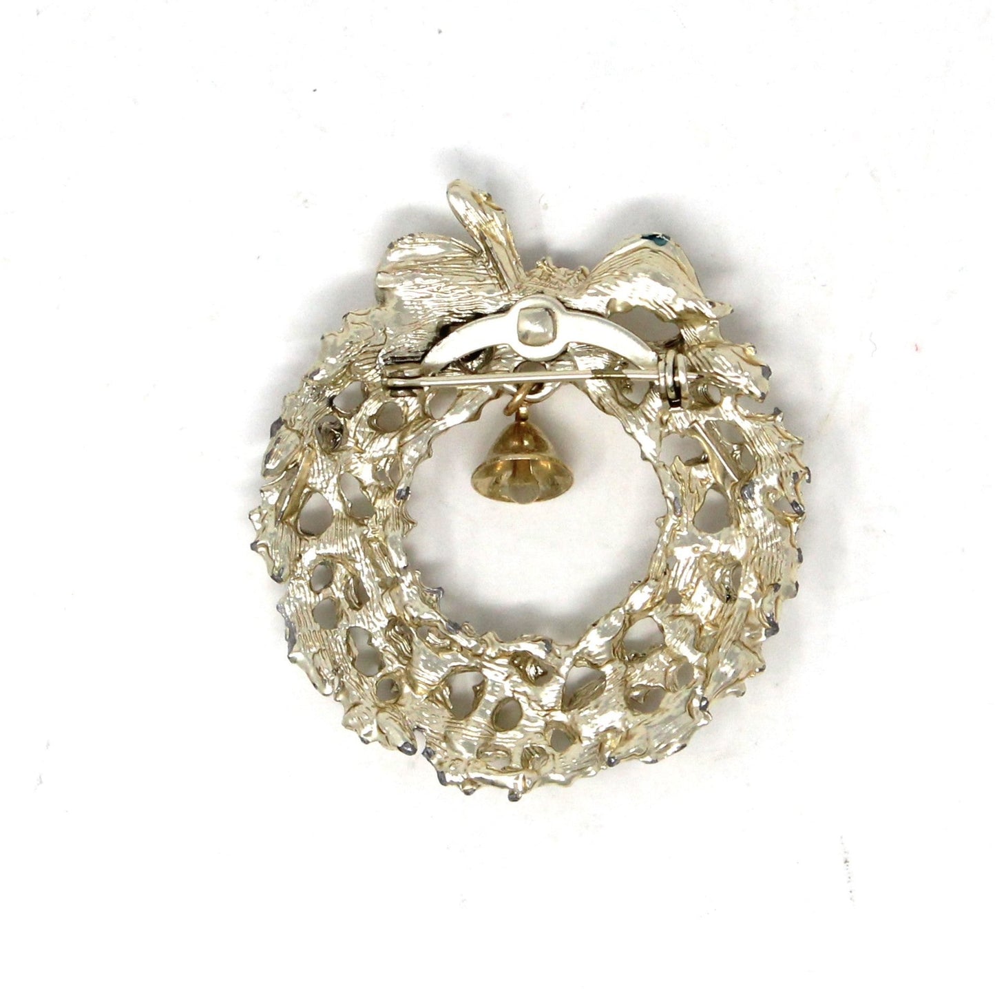 Brooch / Pin, Christmas Wreath with Bell, Red Rhinestone & Enamel, Gold Tone, Vintage, SOLD