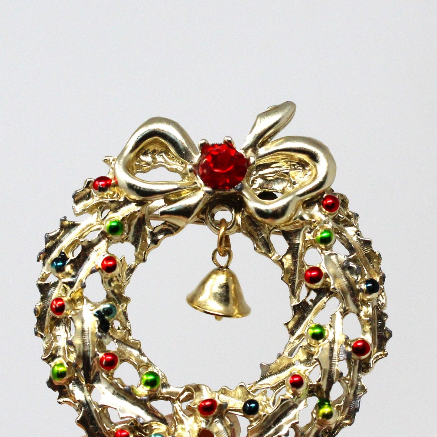 Brooch / Pin, Christmas Wreath with Bell, Red Rhinestone & Enamel, Gold Tone, Vintage, SOLD