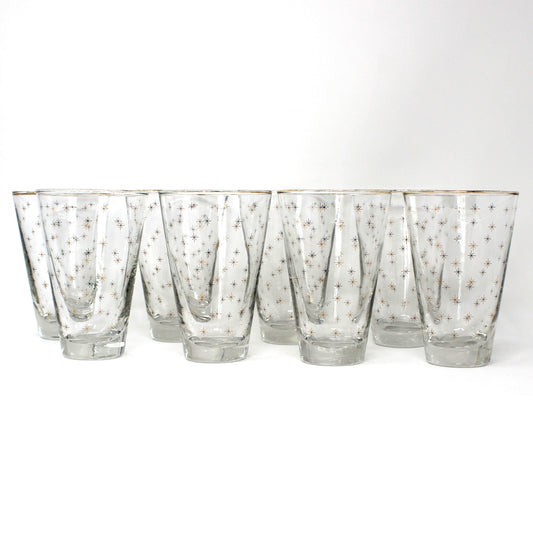 Cocktail Glasses, Libbey Alpine Gold Starburst Pattern, Set of 8, Vintage Holiday Barware, USA, Mid Century