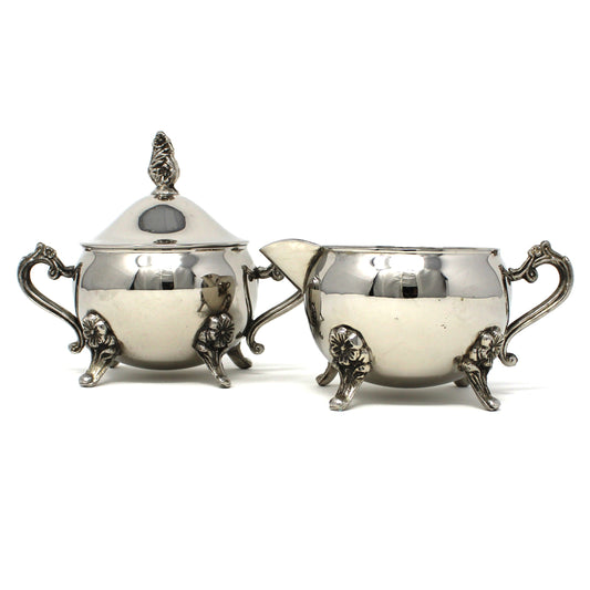 Creamer & Sugar with Lid: Silverplate, Floral Footed, Unmarked, Vintage 1970s