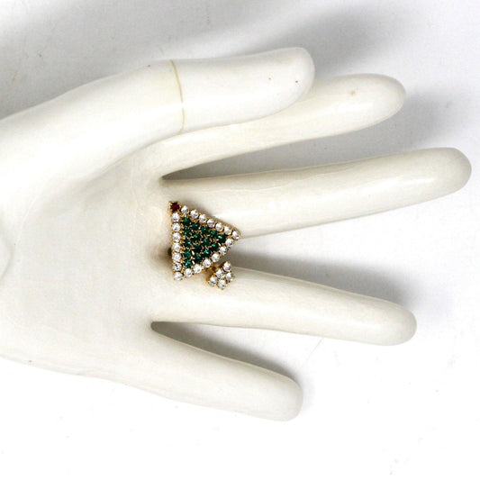 Brooch / Pin, Christmas Tree, Green, Red & Clear Rhinestones, Vintage