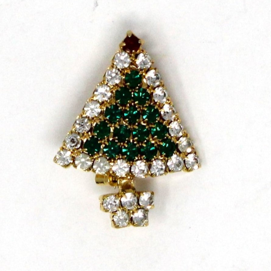 Brooch / Pin, Christmas Tree, Green, Red & Clear Rhinestones, Vintage