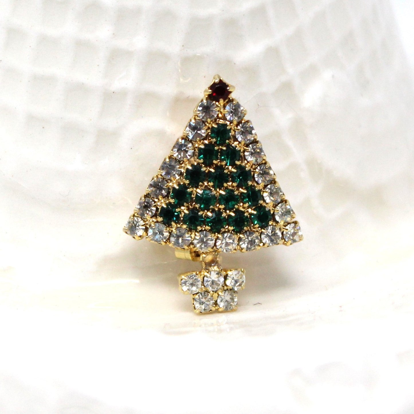 Brooch / Pin, Christmas Tree, Green, Red & Clear Rhinestones, Vintage