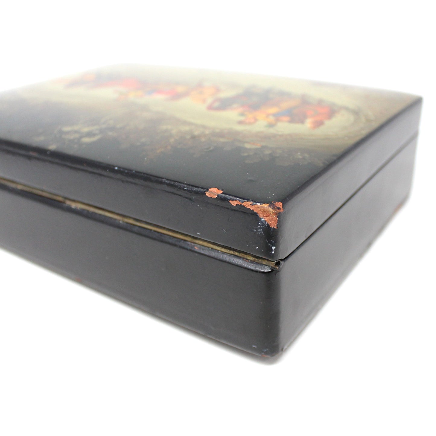 Box, Decorative Russian Lacquer Box, Fedoskino Troika Racing, Hand Painted, Artist Signed, Jewelry Box 10", Vintage 1985