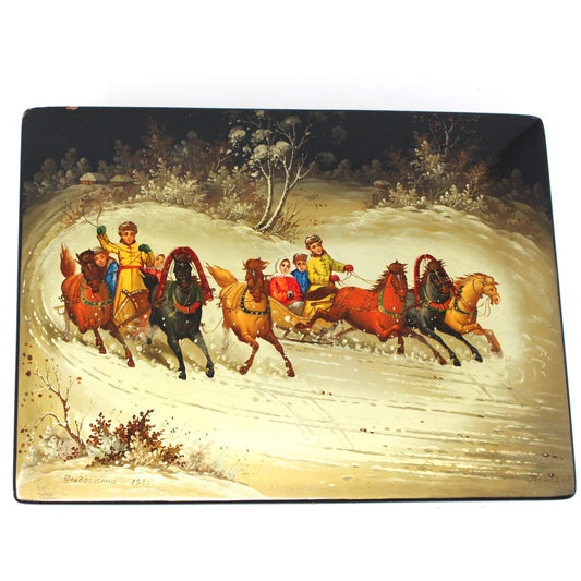 Box, Decorative Russian Lacquer Box, Fedoskino Troika Racing, Hand Painted, Artist Signed, Jewelry Box 10", Vintage 1985